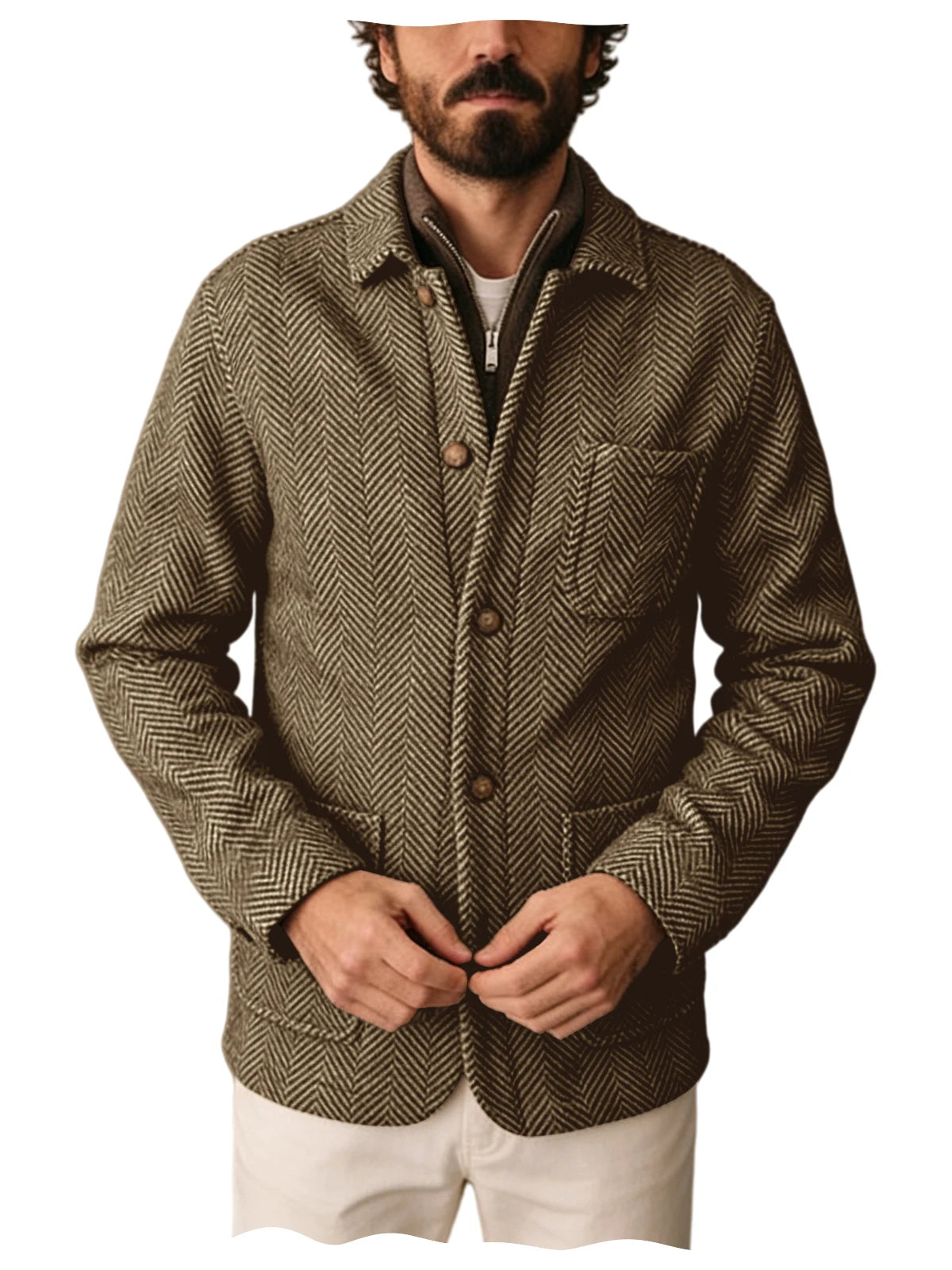 Vintage Men's Herringbone Pattern Blazer Wool Blend Lapel Collar Slim Fit Breathable Jacket Business Casual For DailyWear Office