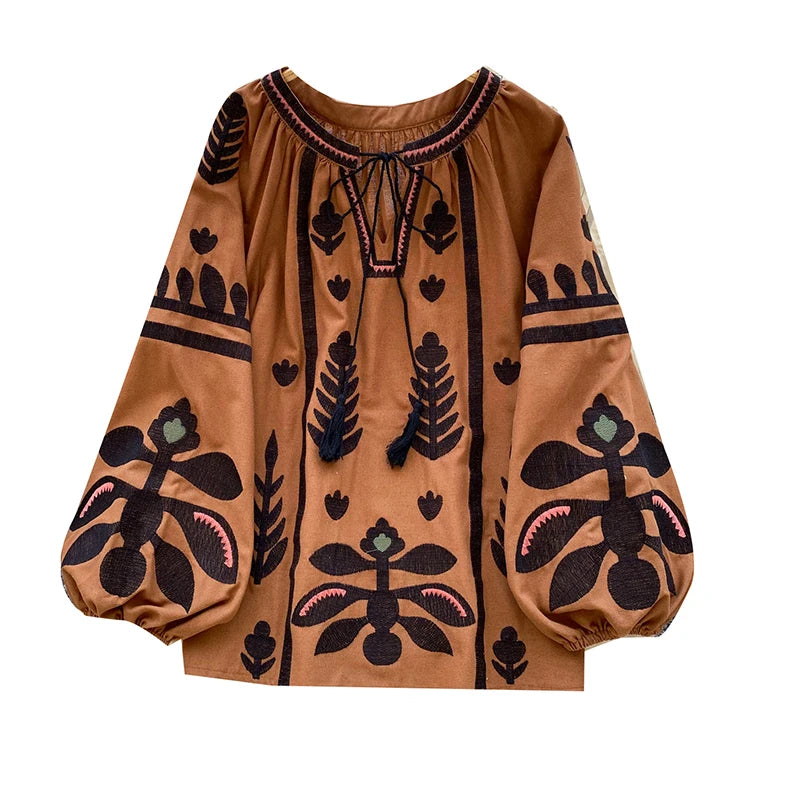 Spring Autumn New Vintage Lantern Sleeve Shirt Women's Embroidered Round Neck Strap Loose Casual Versatile Hoodie Blouse Top D11