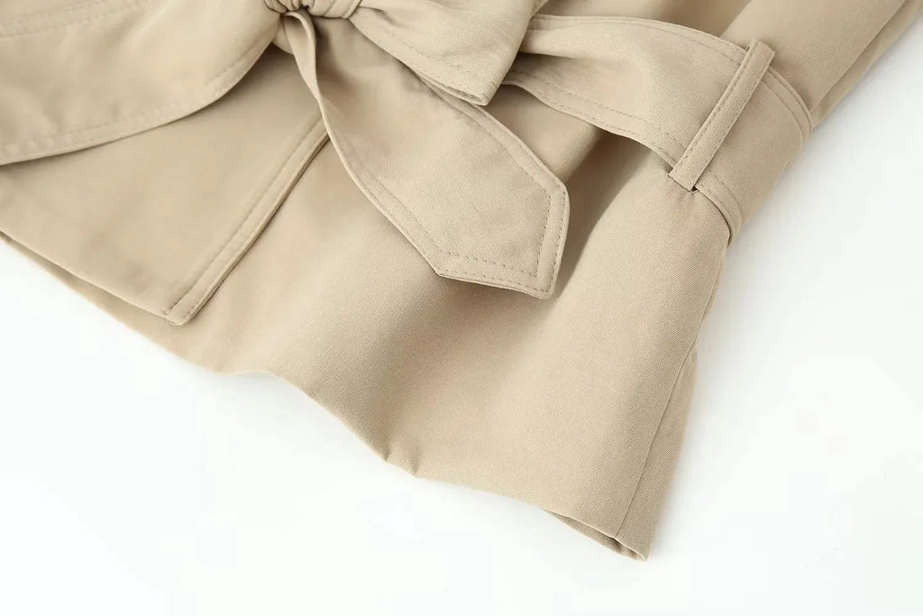 Women Vintage Chic Trench Khaki Coat Women Solid Stand Collar Double Breasted Belt Bow Coat Female Fashion Spring Summer Outwear