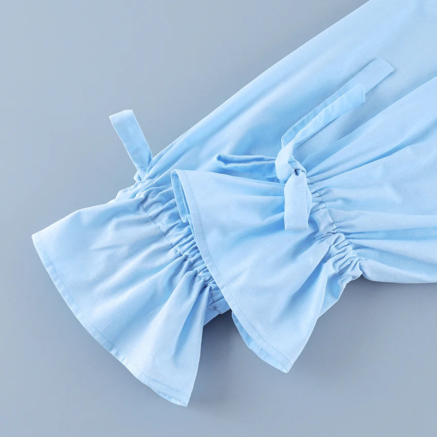 Linad Casual Blue Flare Sleeve Shirts Female Autumn Street Chic Notched Neck Woman Blouse Daily Single Breasted Tops Bows 2026