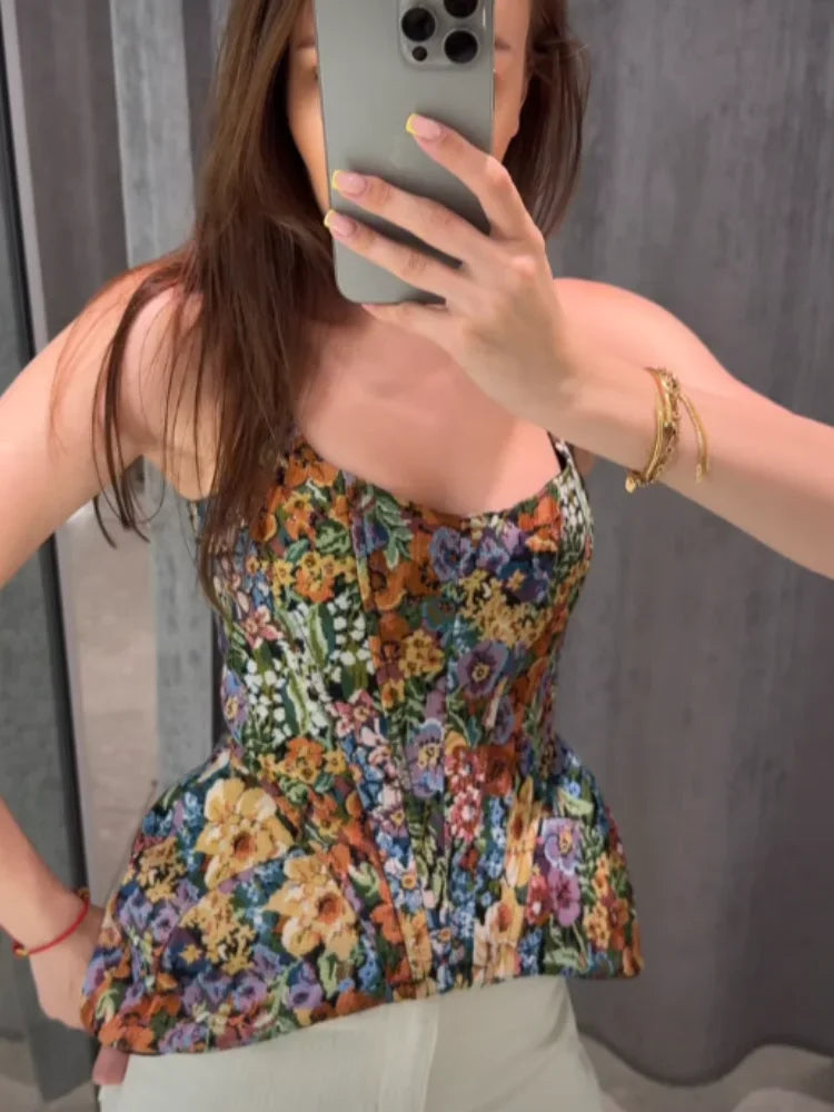 Fashion Sleeveless Spaghetti Strap Top Waist-cinching Vintage Floral Jacquard Vest Spring Summer Forest Cottage Date Outfit