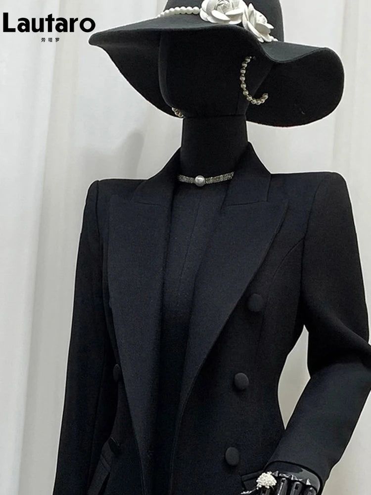 Lautaro Spring Autumn Long Black Fitted Blazer Coat for Women Double Breasted Elegant Luxury Chic European Fashion Overcoat 2025