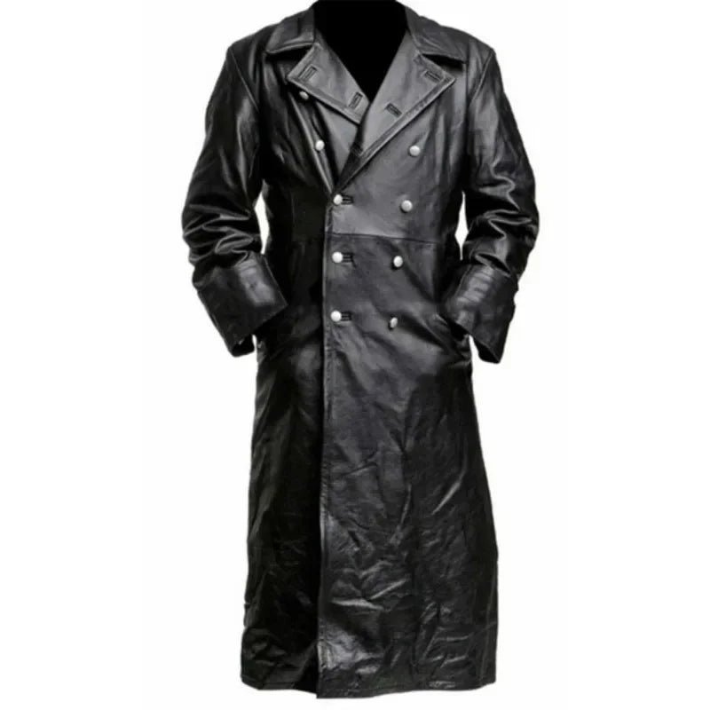 Black Leather raincoat officer military classic German menswear  coat men  long jackets for men
