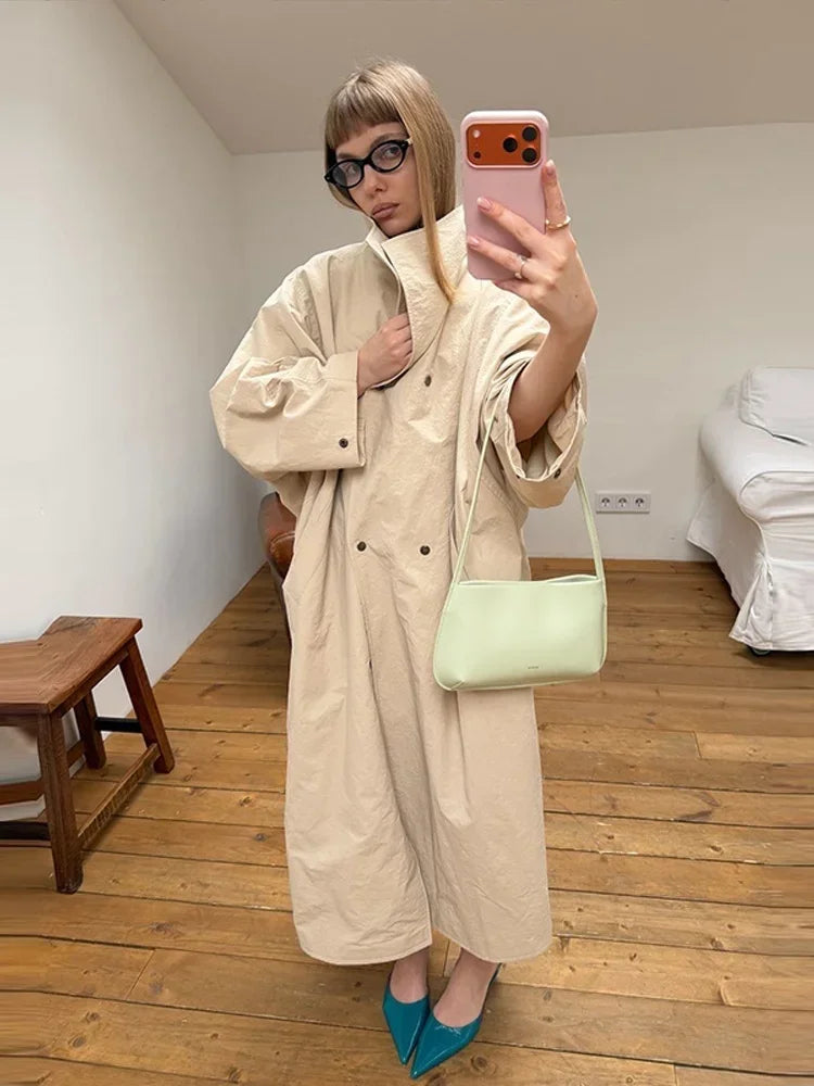 Women Oversized Stand Collar Trench Coat Loose Snap Button Full Sleeve Long Windbreaker 2026 Autumn New Lady Casual Outfits