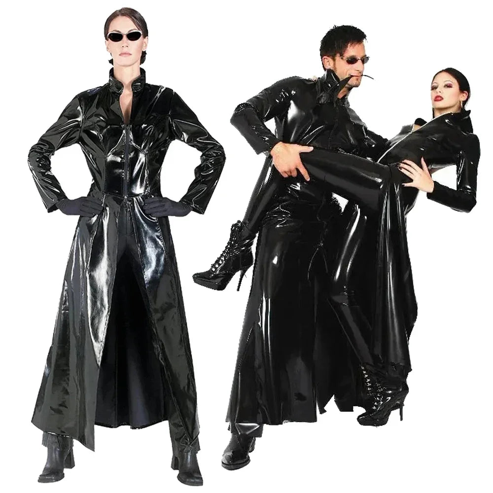 Halloween Party Cosplay The Matrix Costumes Gothic Unisex Sexy Shiny PVC Catsuit Latex Faux Leather Long Coat Trench Clubwear