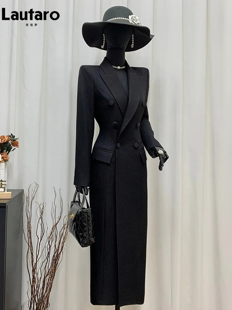 Lautaro Spring Autumn Long Black Fitted Blazer Coat for Women Double Breasted Elegant Luxury Chic European Fashion Overcoat 2025