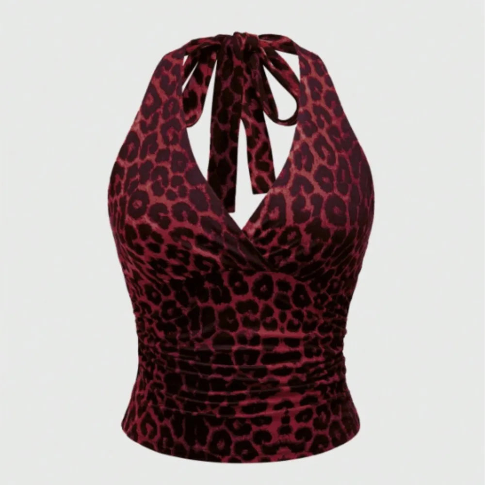 Retro Leopard Print Backless Fashion Sleeveless Summer Women's Casual Halterneck Vest Sexy Backless Lace-up Top Ropa Para Mujer