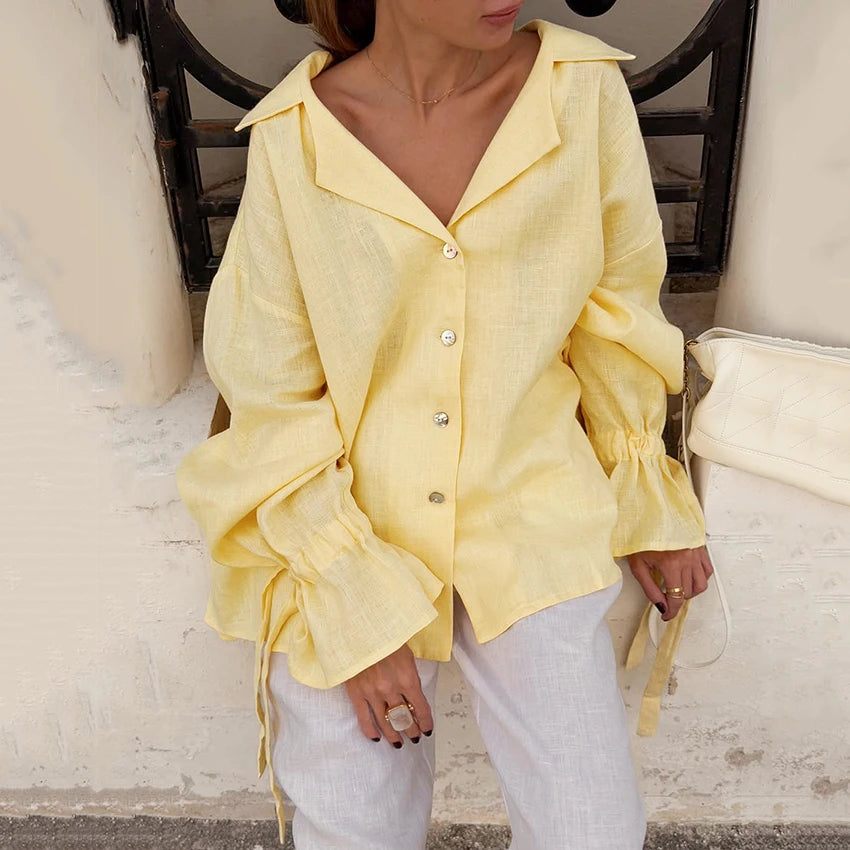 Linad Casual Blue Flare Sleeve Shirts Female Autumn Street Chic Notched Neck Woman Blouse Daily Single Breasted Tops Bows 2026