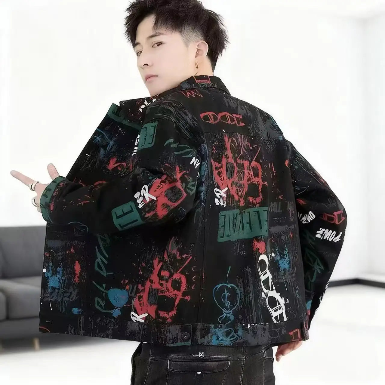 Vintage Loose Men's Print Denim Jacket Spring Autumn Casual Long Sleeve Outerwear Coat