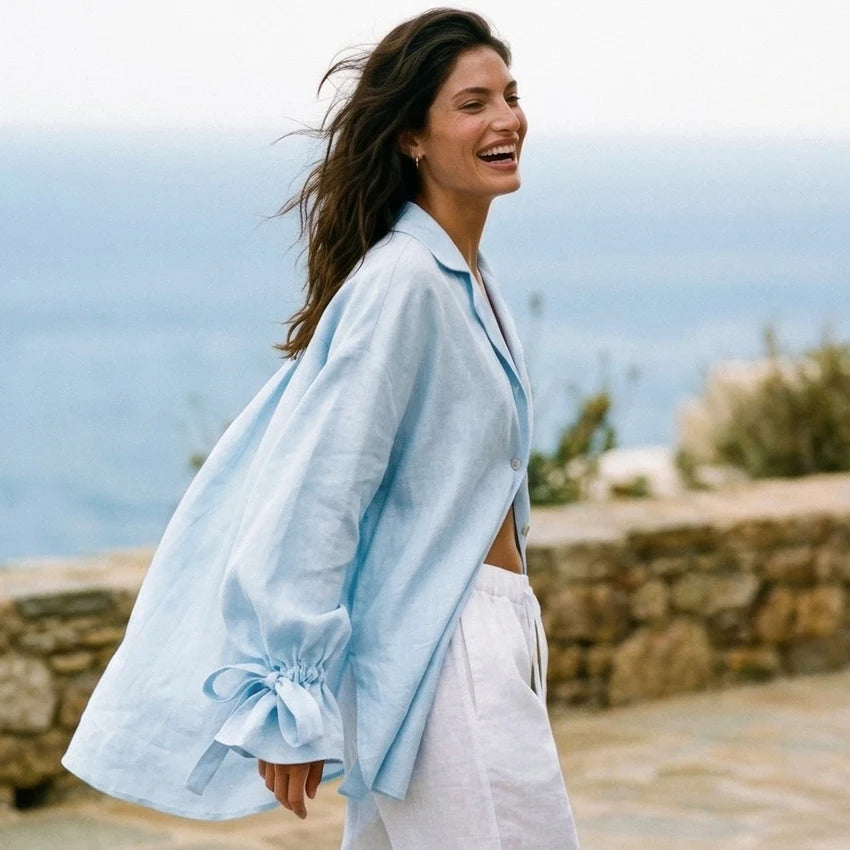 Linad Casual Blue Flare Sleeve Shirts Female Autumn Street Chic Notched Neck Woman Blouse Daily Single Breasted Tops Bows 2026