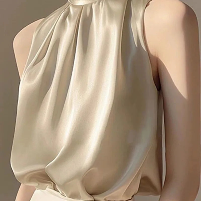 2025 Silkly Satin Sleeveless Crop Top Summer Half Turtleneck Women Pulover Tee Halter Vest Lady Loose Shirts Red party Blouses