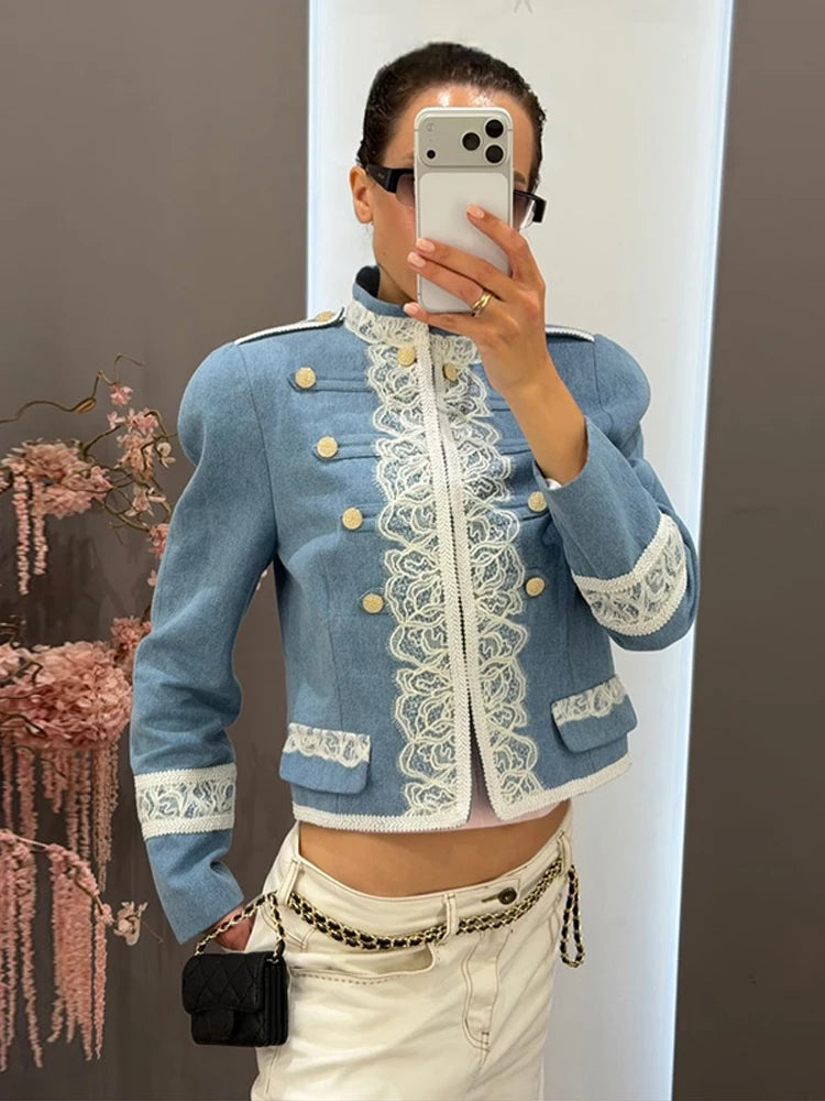 Denim Cropped Jacket Stand Collar Lace Trim Double Metal Buttons  2026 Autumn Chic Fashion Trendy Lady Vintage Party Jackets