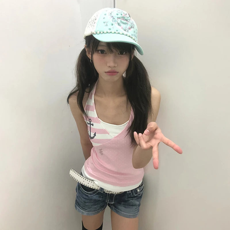 Karrram Japanese Y2k Pink Halter Tops 2000s Cutecore Rhinestone Print Tank Top Vintage Harajuku Patchwork Sleeveless Top Kawaii