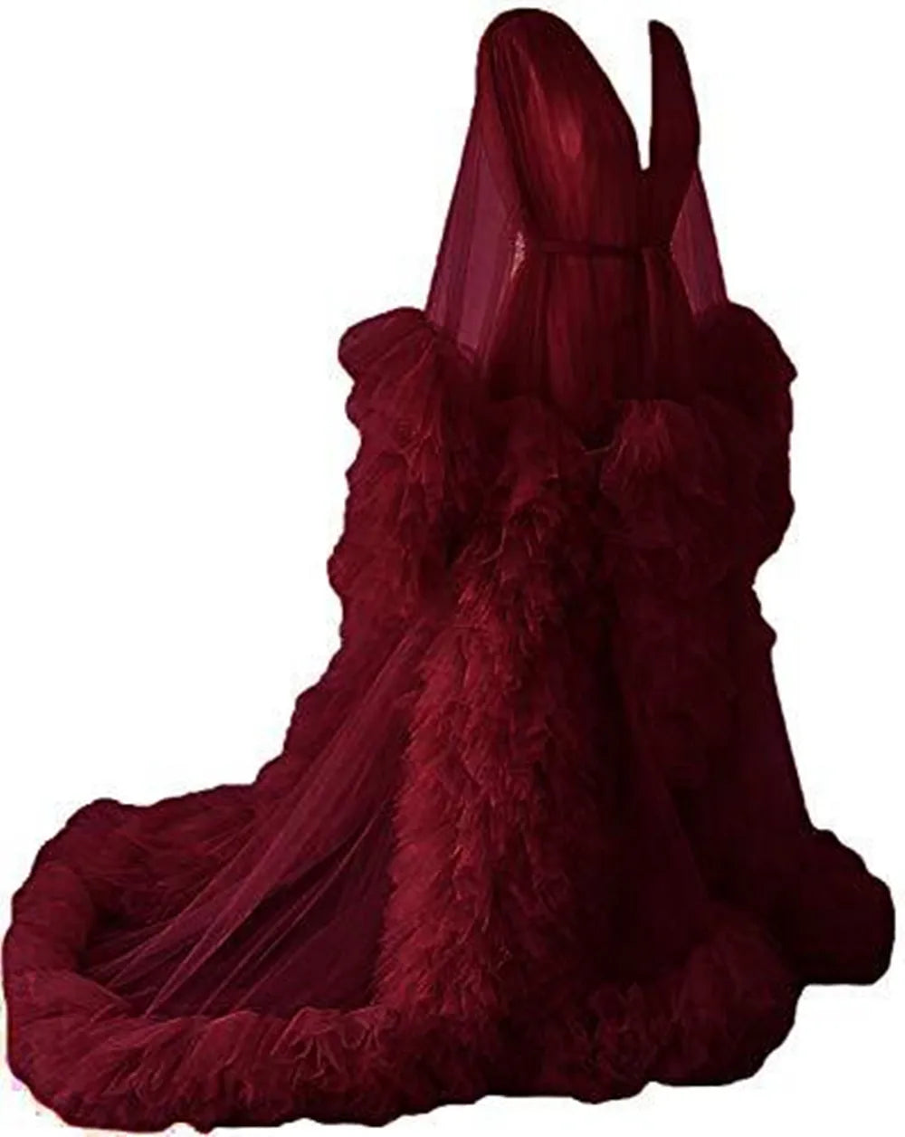 Women's Burgundy Photography Dress Sexy Robe Nightgown Ruffles Sleepwear Lace Tulle Bathrobe Pajamas Prom Bridesmaid Shawl