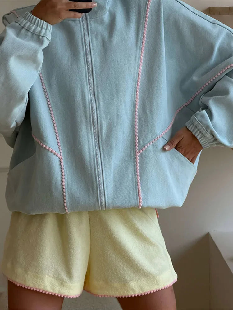 Denim Contrast Jackets Women Standneck Long Sleeves Zipper Loose Coats Female 2026 Autumn New Chic Fashion Casual Outwears Lady