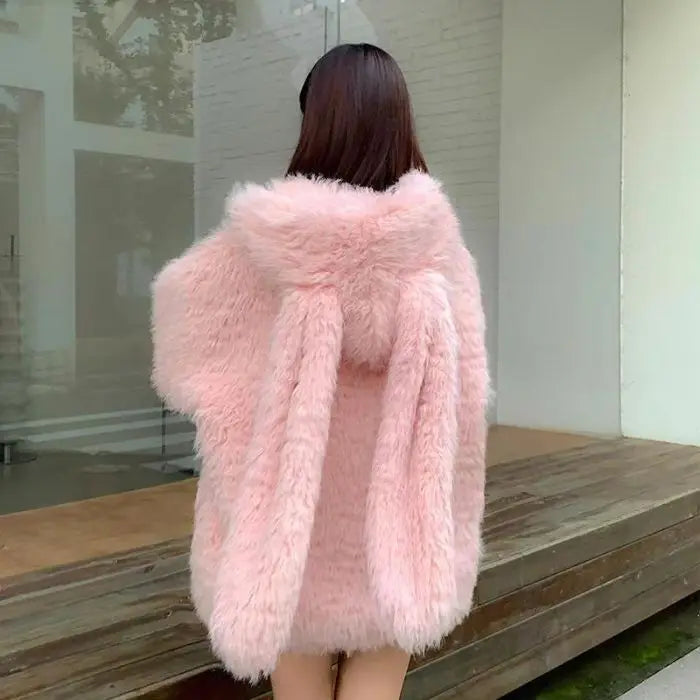 Lamb Fur Jacket Women's Loose Thickened Autumn Winter New Style Environmental Protection Cute Rabbit Ear Double-sided Cotton ...