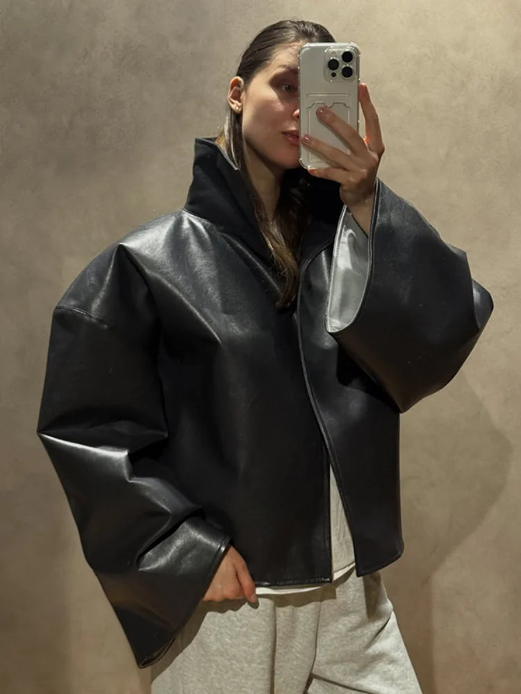 Lapel Long Sleeve Faux Leather Jacket Women Street Turn-down Collar Single Breasted Loose Coats Chic Lady Jackets New Outerwears