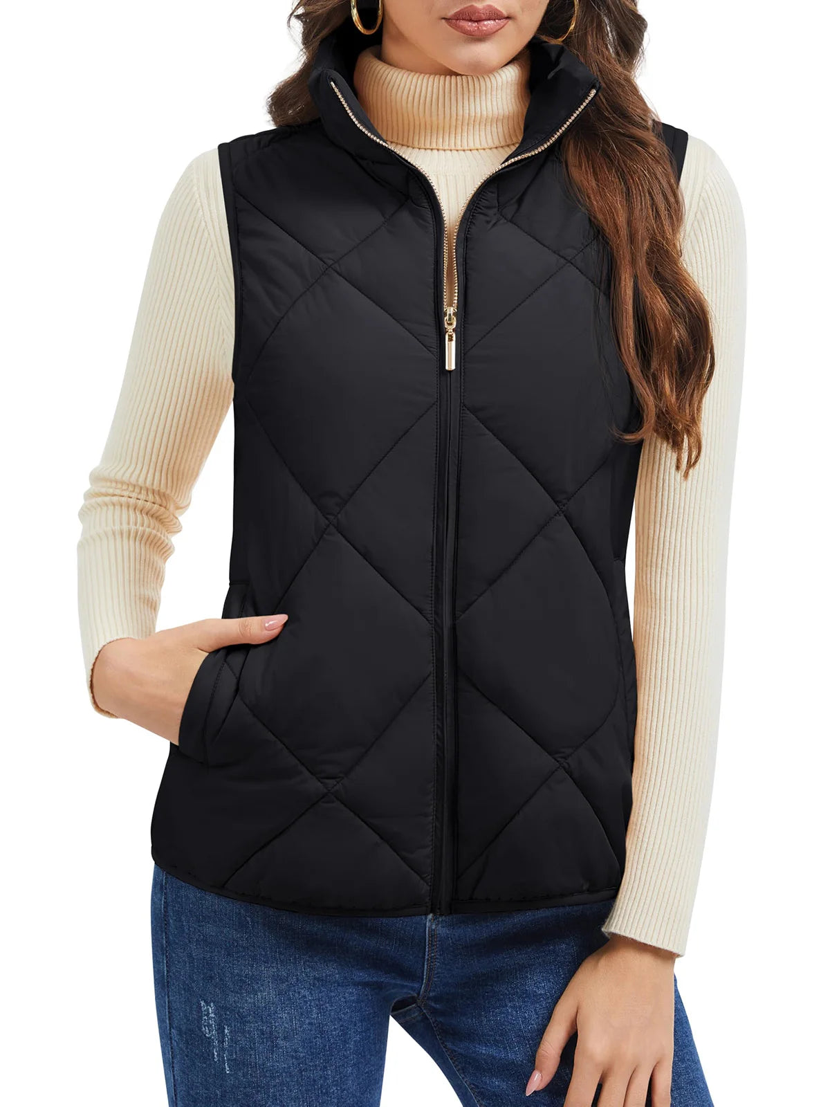TACVASEN Women's Lightweight Puffer Sleeveless Vest Winter Warm Quilted Jacket Stand Collar Zip Up Vest Jacket with Pockets