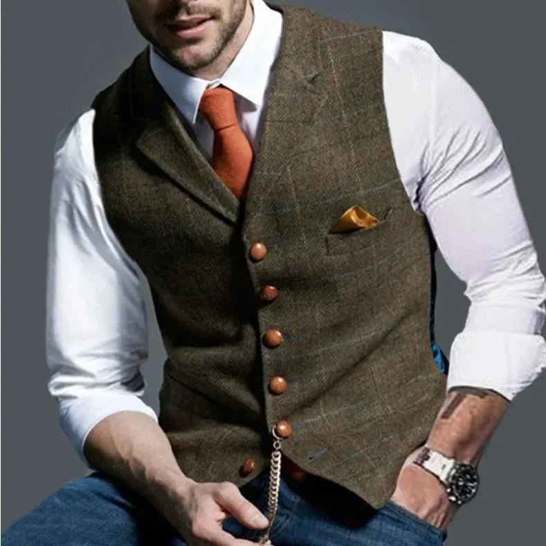 Brown Casual Gentleman Men's Army Green Vest Plaid Soft Wool Jacket Tweed Business Waistcoat For Wedding Best Man