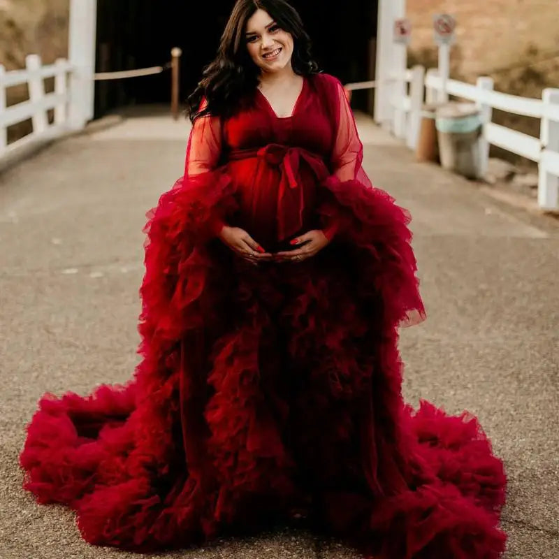 Women's Burgundy Photography Dress Sexy Robe Nightgown Ruffles Sleepwear Lace Tulle Bathrobe Pajamas Prom Bridesmaid Shawl