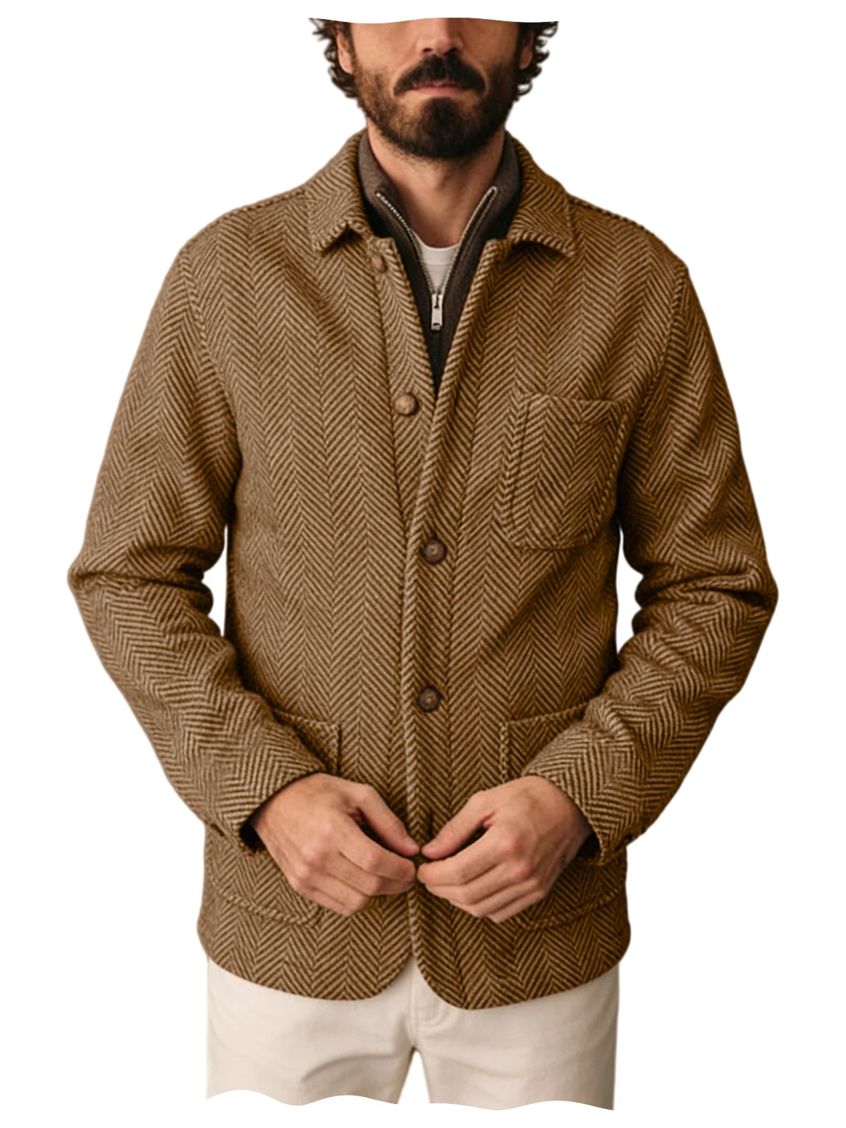 Vintage Men's Herringbone Pattern Blazer Wool Blend Lapel Collar Slim Fit Breathable Jacket Business Casual For DailyWear Office
