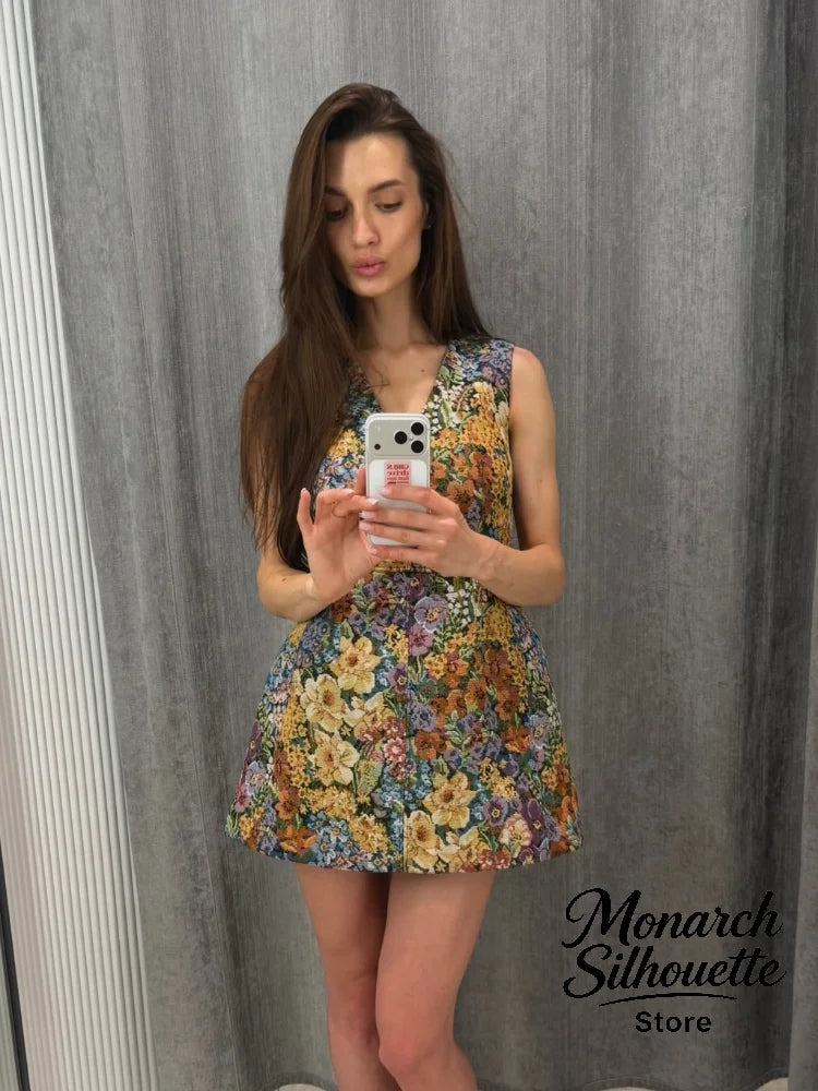 Women's Floral Sleeveless Mini Dress Vintage V-neck Straighten The Hem Slim Short Dresses 2026 Lady Summer Daily Commute Wear