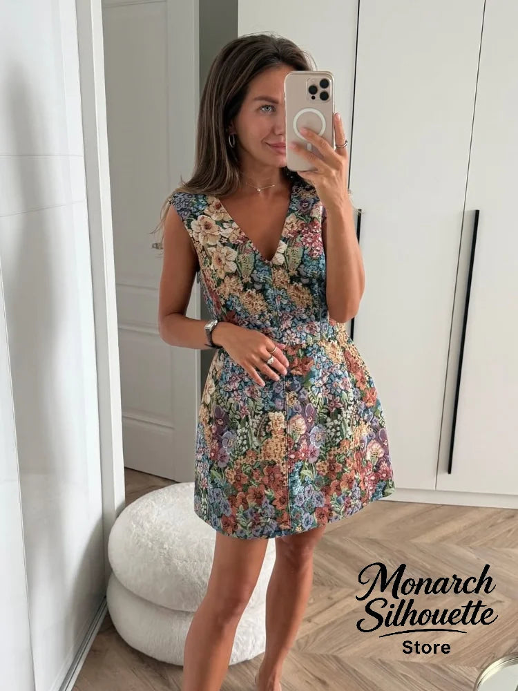 Women's Floral Sleeveless Mini Dress Vintage V-neck Straighten The Hem Slim Short Dresses 2026 Lady Summer Daily Commute Wear