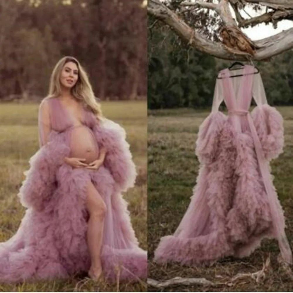 Women's Burgundy Photography Dress Sexy Robe Nightgown Ruffles Sleepwear Lace Tulle Bathrobe Pajamas Prom Bridesmaid Shawl
