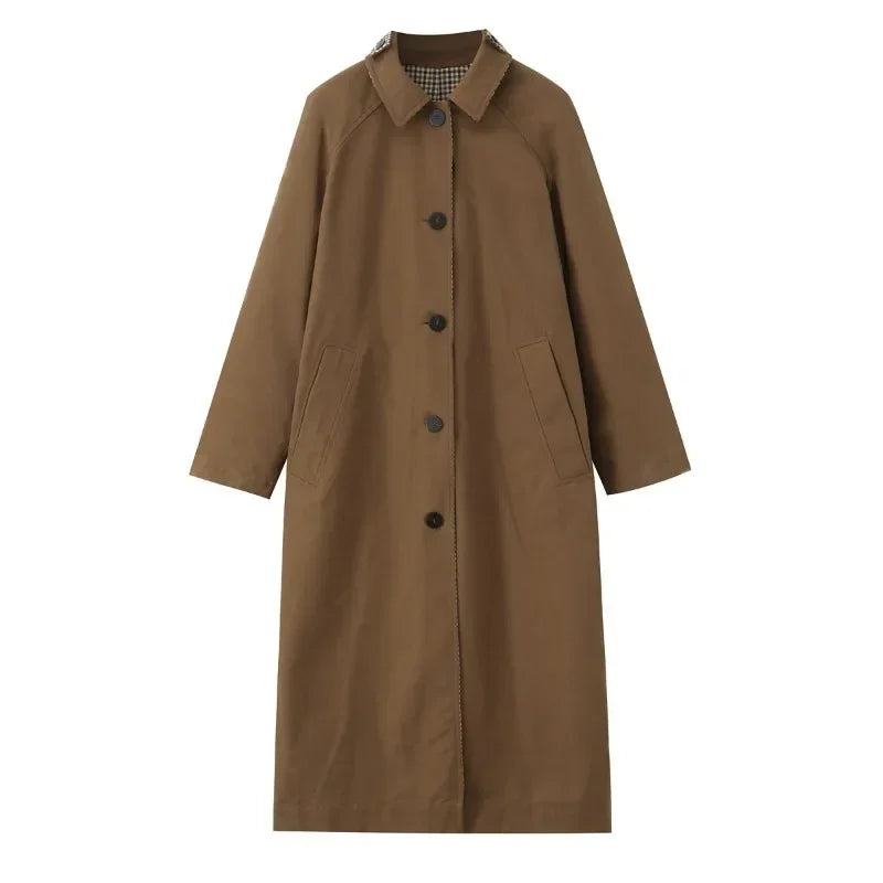 Double Sided Plaid Long Jackets For Women Single Breasted Long Sleeve Commute Street Female Trench Coat 2026 Autumn Chic Outwear