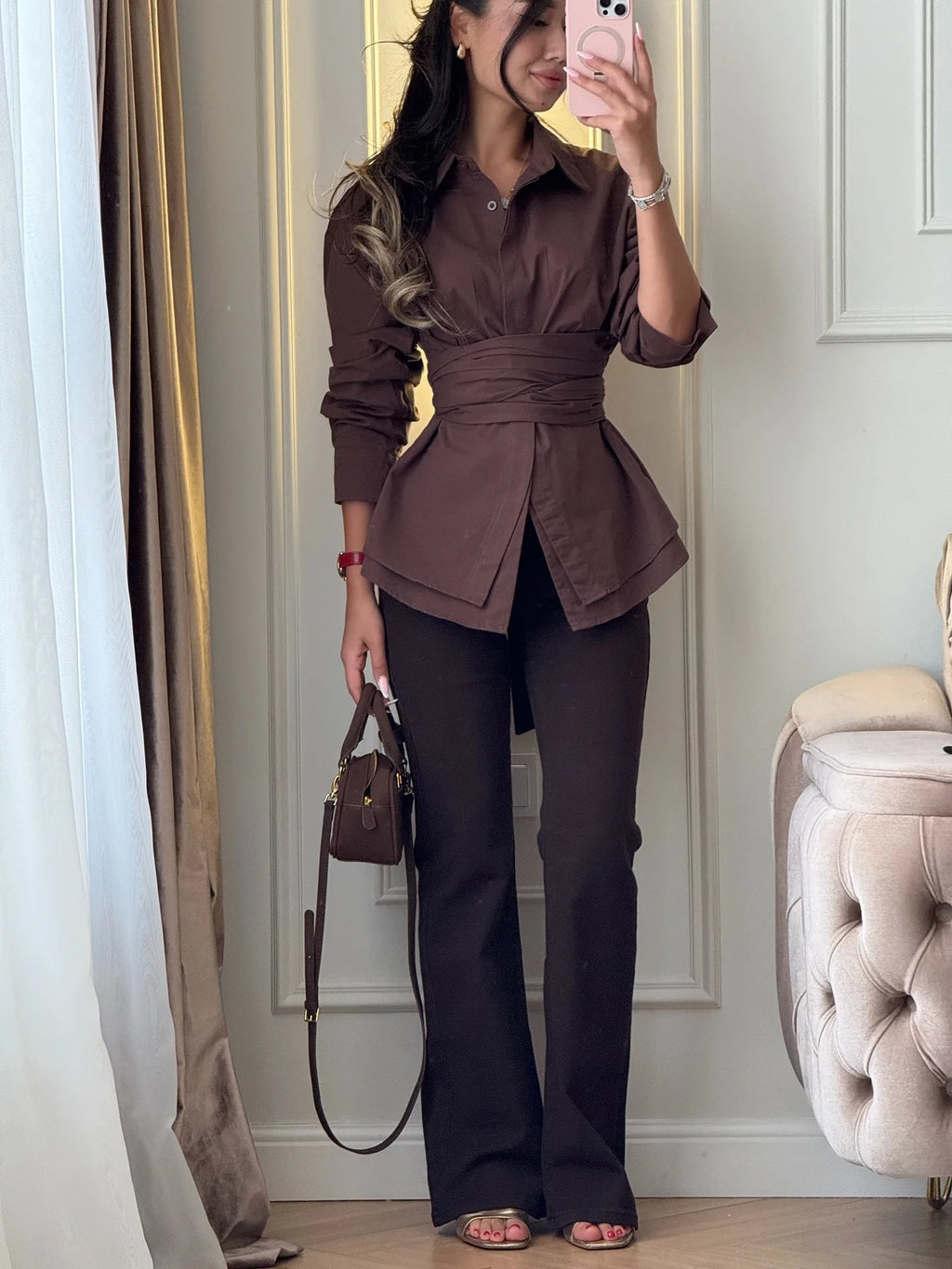 BJTZ 2026 Spring Summer Women Solid Color Tie Waist Slim Long Sleeve Shirt Elegant Casual Tops
