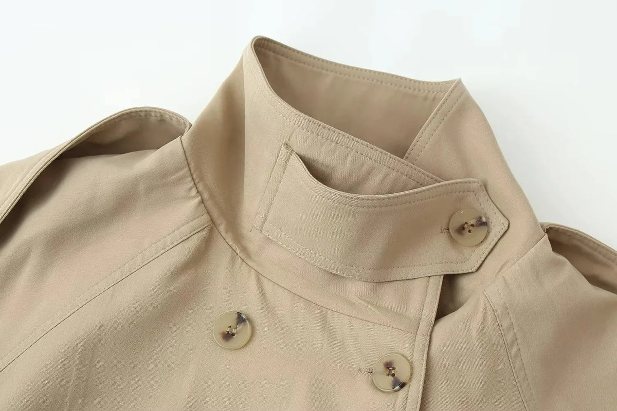 Women Vintage Chic Trench Khaki Coat Women Solid Stand Collar Double Breasted Belt Bow Coat Female Fashion Spring Summer Outwear
