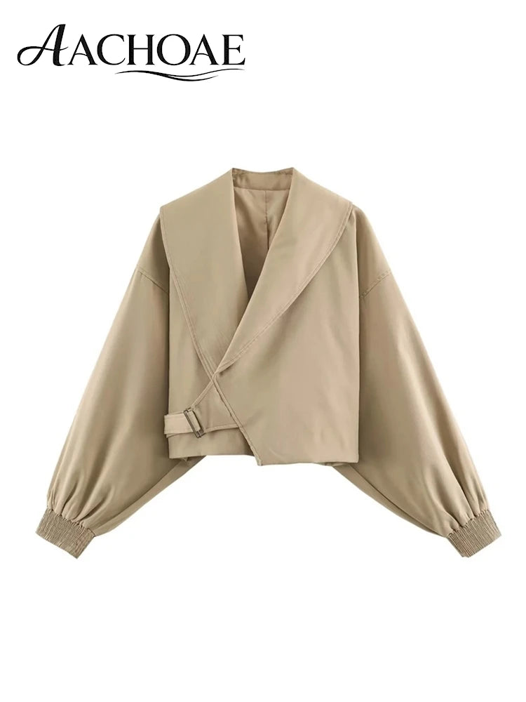 AACHOAE Women Oversized Lapel Cropped Jacket Belted Short Coat Long Sleeve Elastic Cuff Casual Chic Elegant Minimalist Outerwear