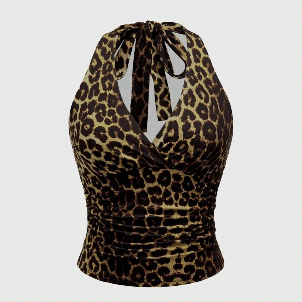 Retro Leopard Print Backless Fashion Sleeveless Summer Women's Casual Halterneck Vest Sexy Backless Lace-up Top Ropa Para Mujer