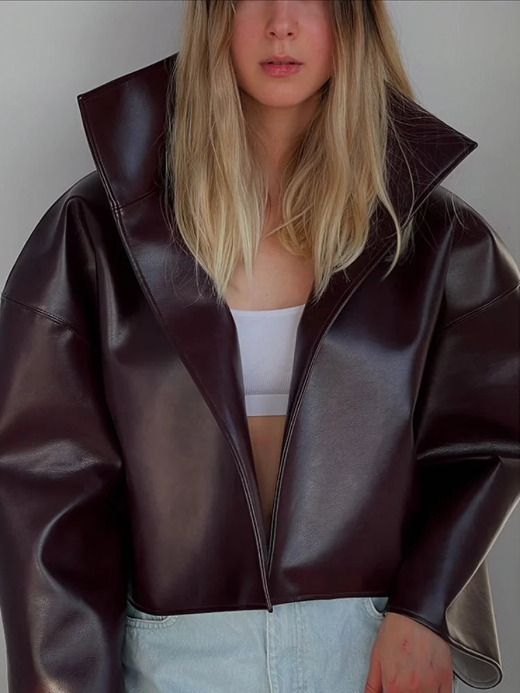 Lapel Long Sleeve Faux Leather Jacket Women Street Turn-down Collar Single Breasted Loose Coats Chic Lady Jackets New Outerwears