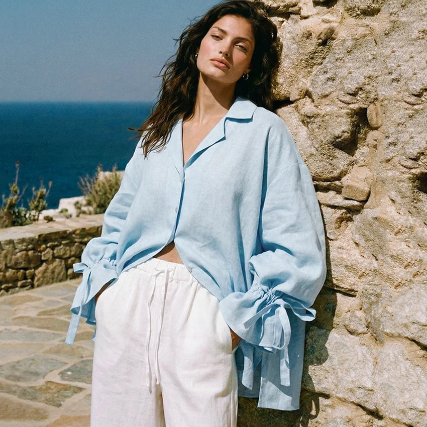 Linad Casual Blue Flare Sleeve Shirts Female Autumn Street Chic Notched Neck Woman Blouse Daily Single Breasted Tops Bows 2026