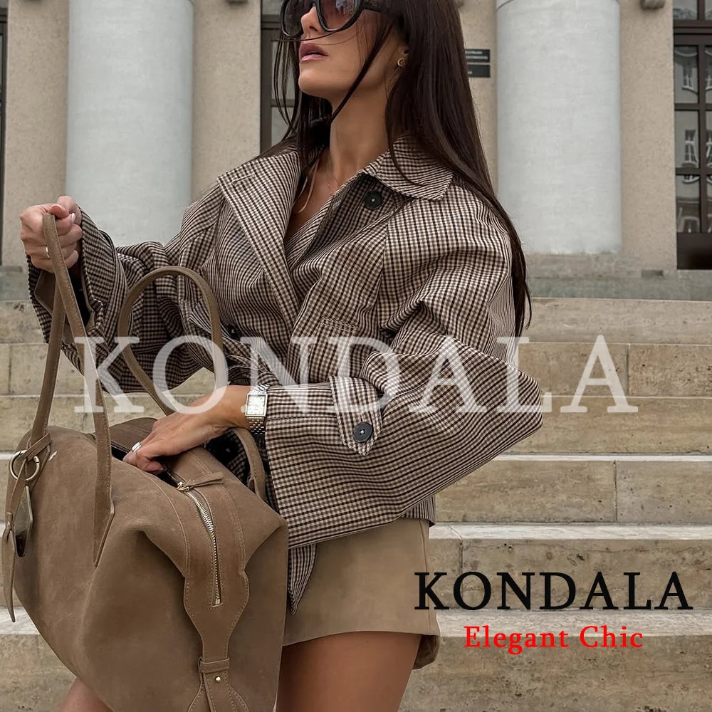 KONDALA Women Trendy Plaid Short Jacket Double Breasted Belt Pockets Jacket New Fashion 2026 Early Fall Streetwear Trench Coat