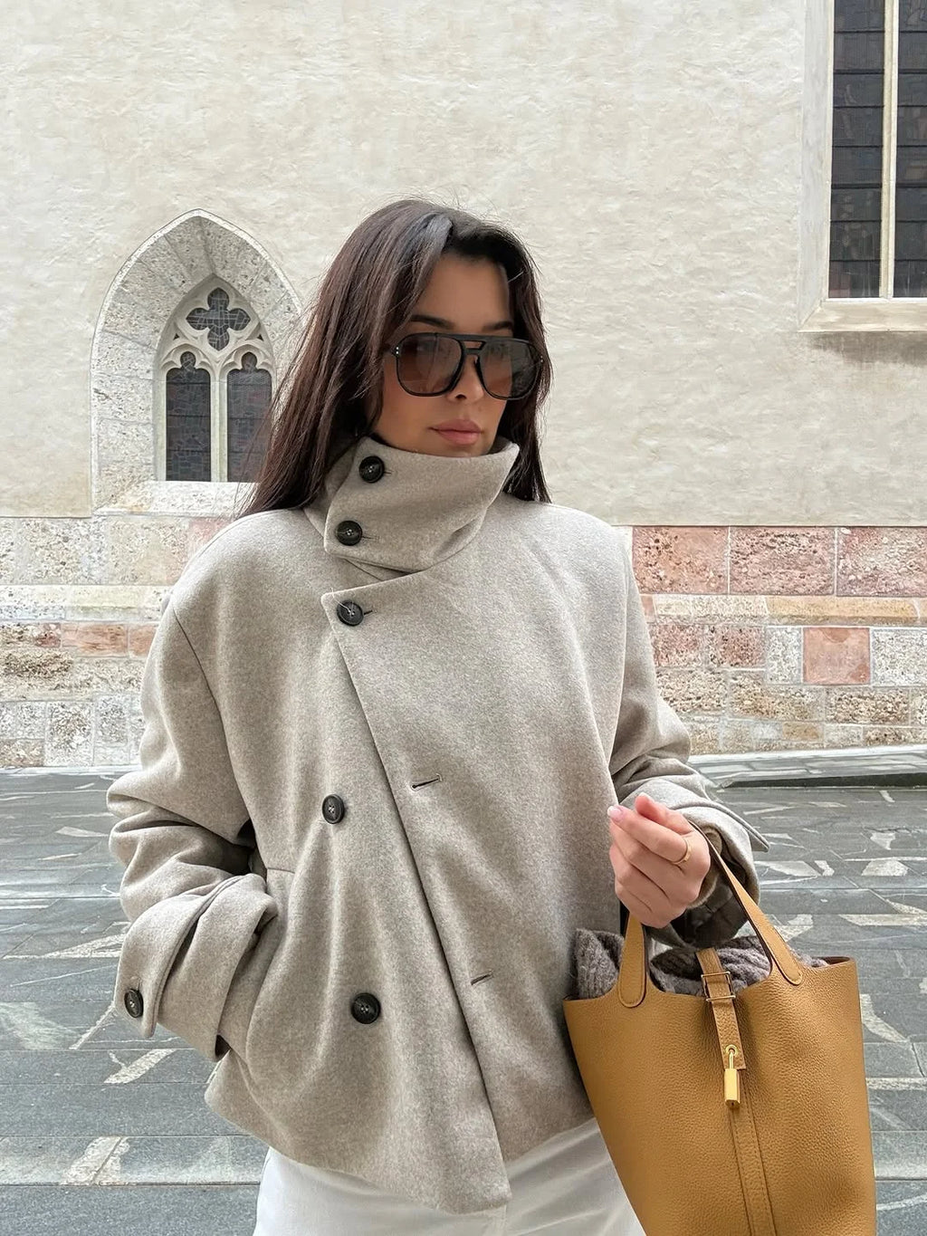 Stand Collar Asymmetric Woman's Coats Jacket for Woman Wool Short Tops Loose Cropped Jackets Autumn Winter Wear Daily Outfits