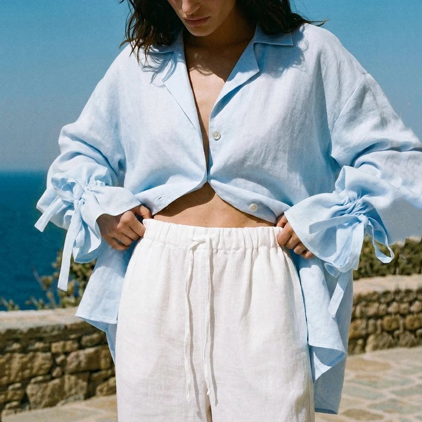 Linad Casual Blue Flare Sleeve Shirts Female Autumn Street Chic Notched Neck Woman Blouse Daily Single Breasted Tops Bows 2026