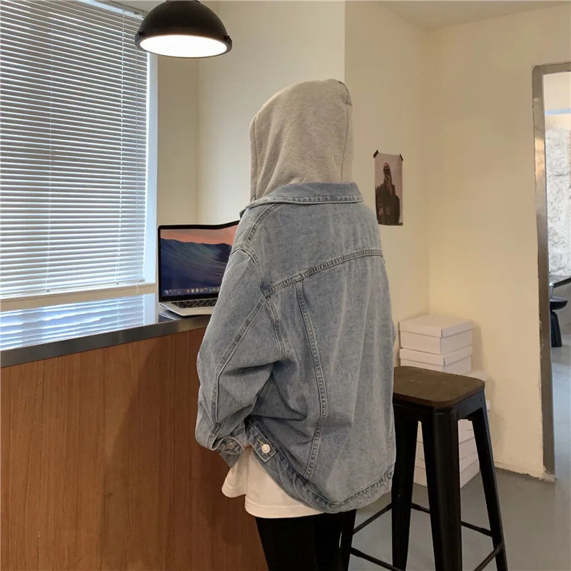 Women's Hooded Denim Jacket 2024 Spring Fall Collection Light Wash Korean-Inspired Oversized Casual Coat Trendy Streetwear Top