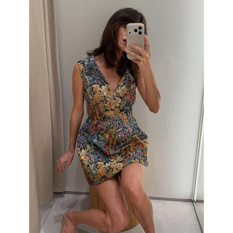 Women Retro Floral V Neck Sleeveless Mini Dress French Style Sleeveless Waist Slim Casual Sundress Daily Vacation Street Outfit