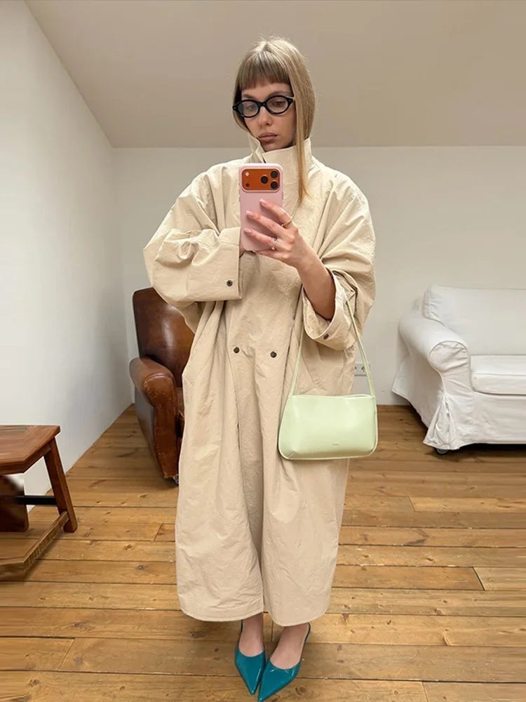 Women Oversized Stand Collar Trench Coat Loose Snap Button Full Sleeve Long Windbreaker 2026 Autumn New Lady Casual Outfits
