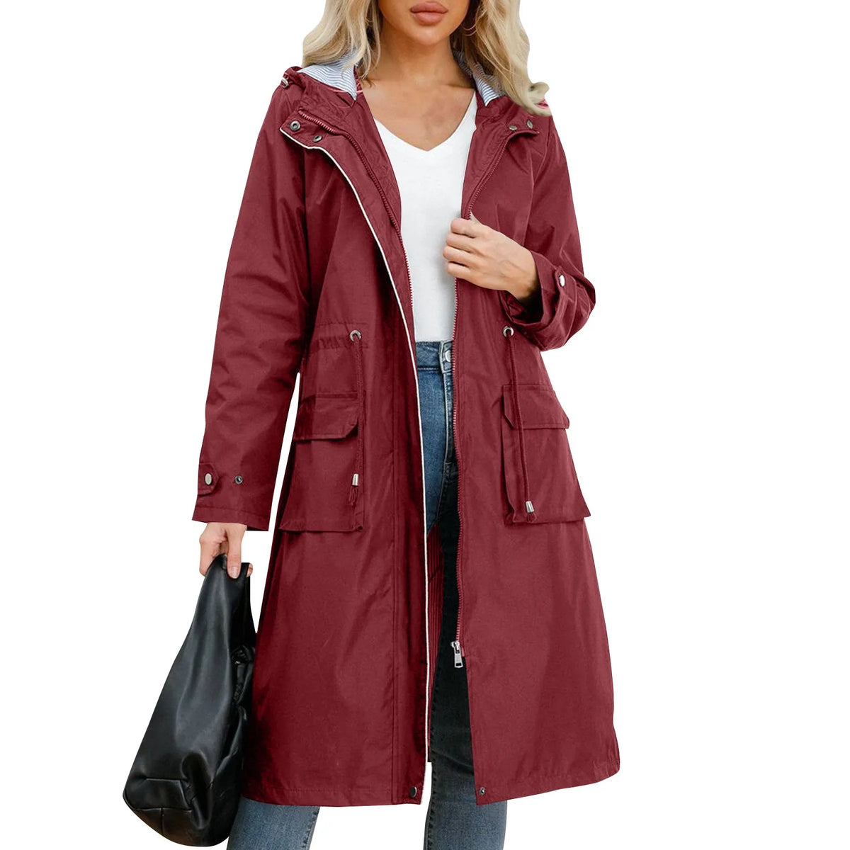 Women's Chic Hooded Long Sleeved Solid Color Trench Coat With Striped And Straight Tube Jacket Elegant British Style Windbreake