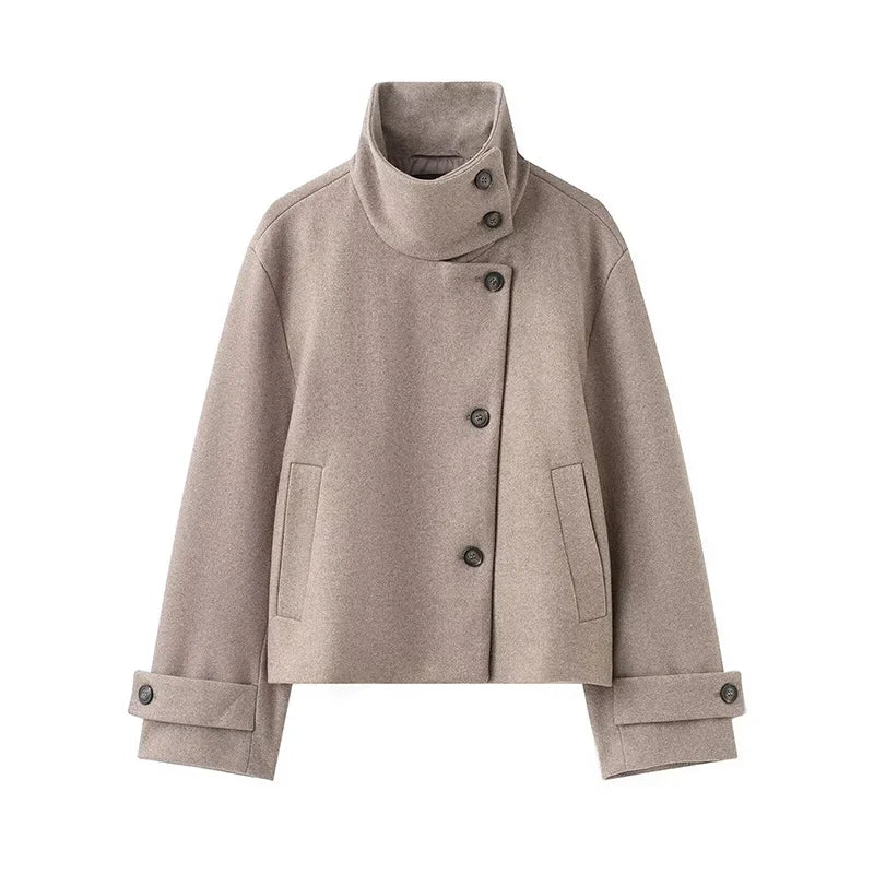 Stand Collar Asymmetric Woman's Coats Jacket for Woman Wool Short Tops Loose Cropped Jackets Autumn Winter Wear Daily Outfits