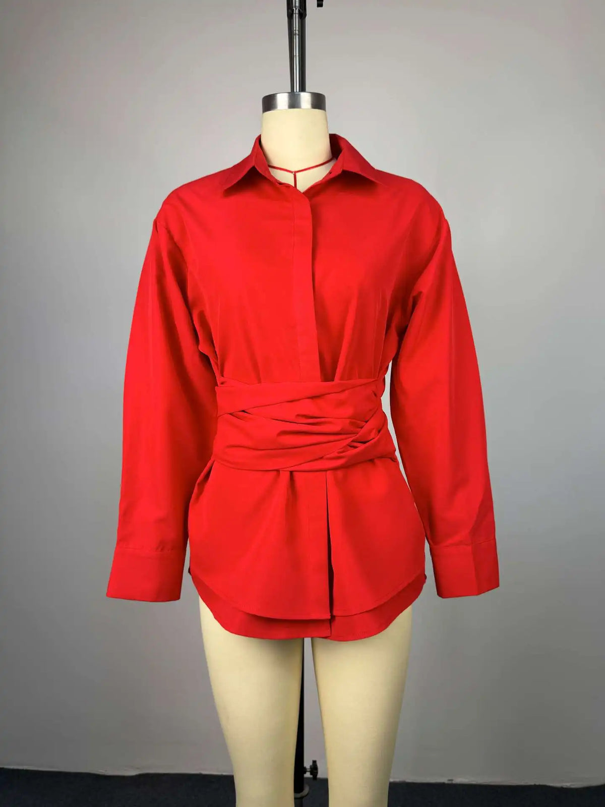BJTZ 2026 Spring Summer Women Solid Color Tie Waist Slim Long Sleeve Shirt Elegant Casual Tops