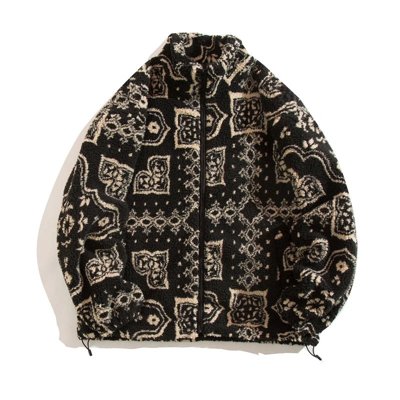 Mens Lamb Wool Jackets Fleece Coats 2025 Vintage Floral Outdoor Warm Casual Streetwear Couple Clothes Oversized Cardigan Jacket