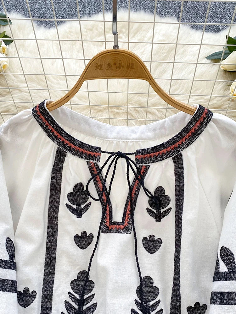Spring Autumn New Vintage Lantern Sleeve Shirt Women's Embroidered Round Neck Strap Loose Casual Versatile Hoodie Blouse Top D11