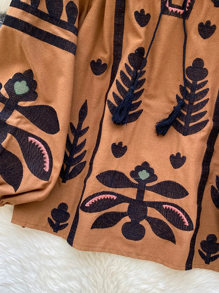 Spring Autumn New Vintage Lantern Sleeve Shirt Women's Embroidered Round Neck Strap Loose Casual Versatile Hoodie Blouse Top D11