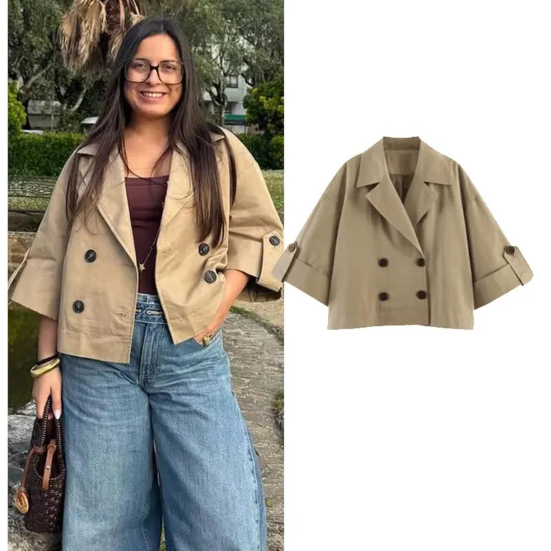 Women's Short Trench Coat New 2026 Spring Autumn Women Rolled-Up Sleeves Button Solid Color Elastic Waist Outerwear Female Tops