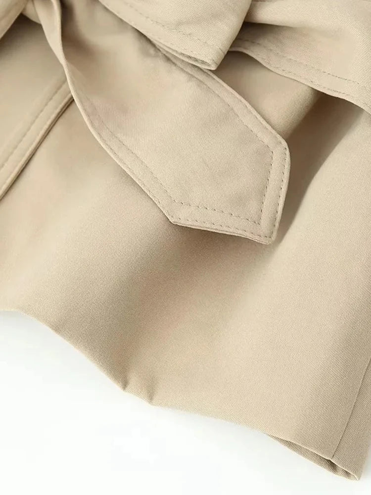 Women Vintage Chic Trench Khaki Coat Women Solid Stand Collar Double Breasted Belt Bow Coat Female Fashion Spring Summer Outwear