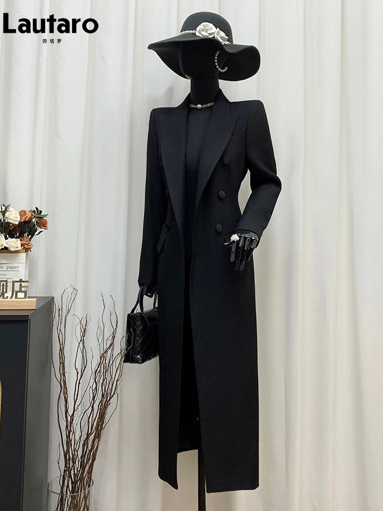 Lautaro Spring Autumn Long Black Fitted Blazer Coat for Women Double Breasted Elegant Luxury Chic European Fashion Overcoat 2025